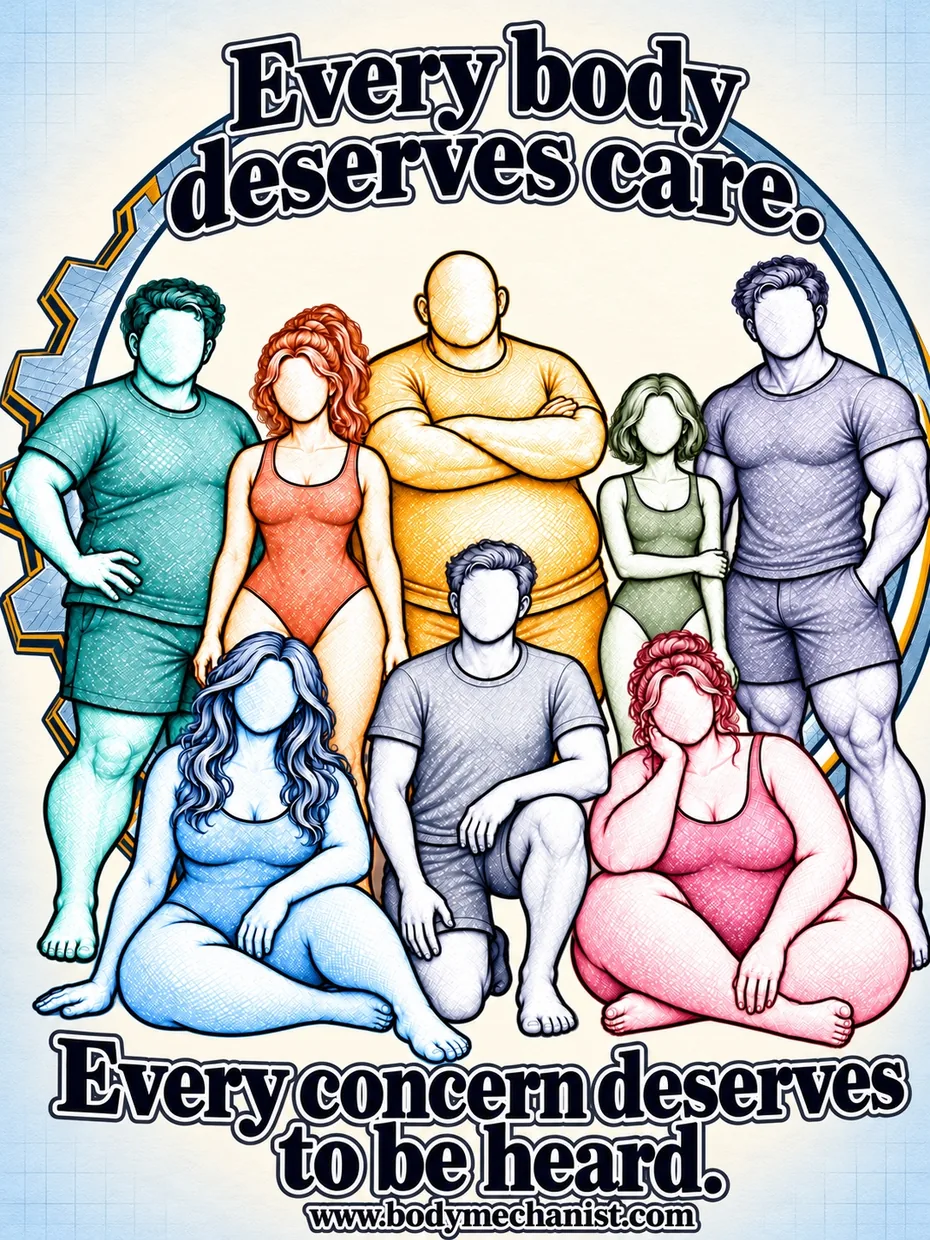 Illustration of eight differently shaped people and the words Every body deserves care. Every concern deserves to be heard.
