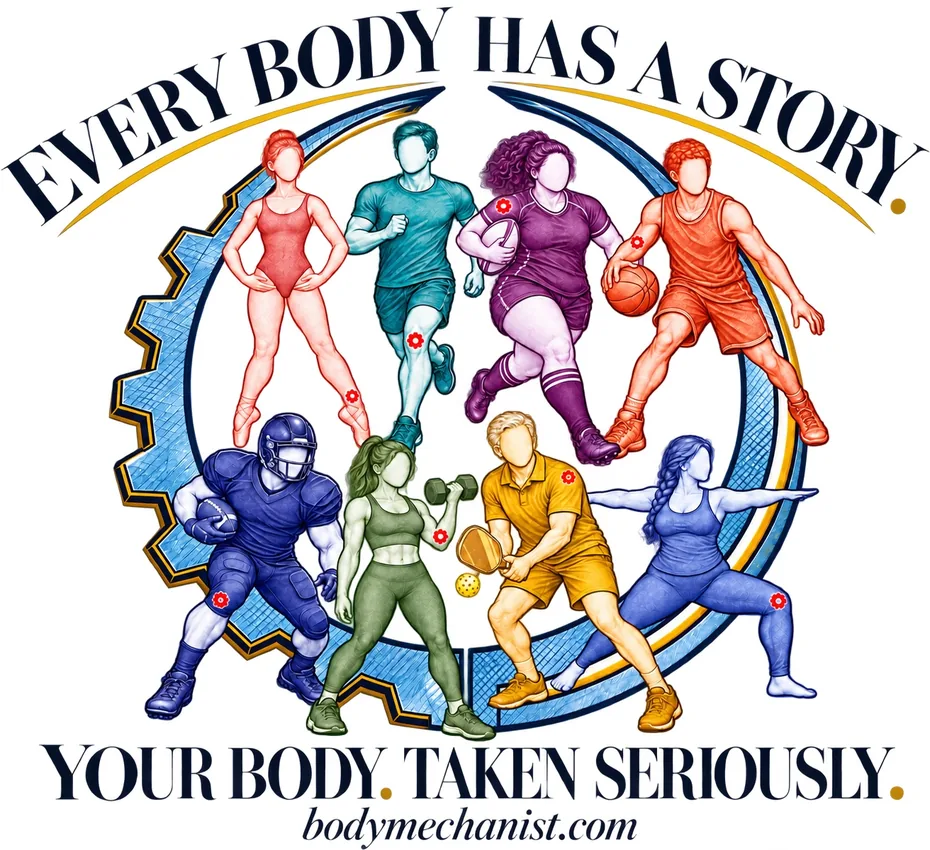 Illustration of athletes and people with varied body shapes, under the message Every Body Has a Story